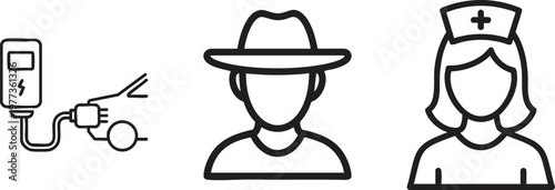 Black line icons of charging station, cowboy, and nurse, minimalist vector illustrations