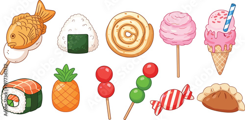 Cute Japanese street food and sweets collection with sushi ice cream candy and snacks colorful vector illustration isolated on white background