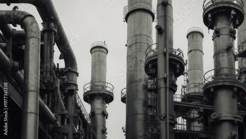 Industrial plant with steel pipes, towers and a cloudy sky. Monochrome photo, high angle