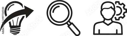 Innovation, business, and technology icons, light bulb, magnifying glass, and gear, black line art