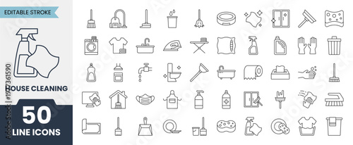House cleaning line icons set with editable stroke. Containing laundry, Window sponge, Vacuum cleaner, detergents, broom and more. Vector illustration