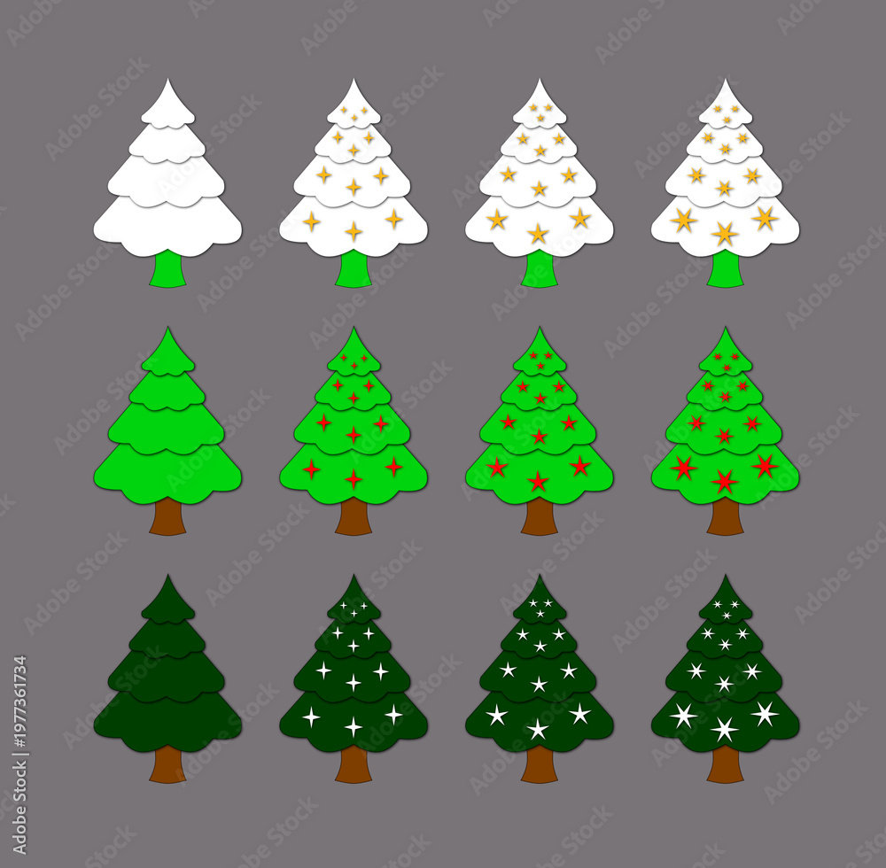 Obraz premium Set of twelve stylised Christmas trees in snow-covered white, bright green, and forest green, isolated on a dark grey background for use in game assets or holiday graphics 