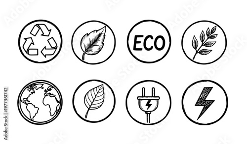 Ecology badge doodle icons black and white vector set with recycling and green symbols