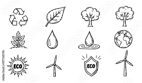 Hand drawn ecology icons black and white vector set with recycling nature and sustainability doodles
