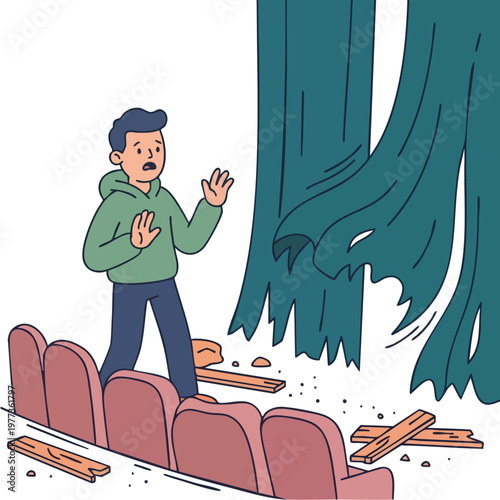 Man in theater shocked by falling curtains.