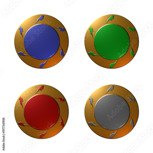 Set of four 3D rendered circular buttons or metallic seals in blue, green, red, and silver isolated on a white background for use in game UI or web design