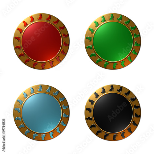 Set of four 3D rendered metallic medals or game UI buttons in red, green, blue, and black, isolated on a white background for use in game UI or web design