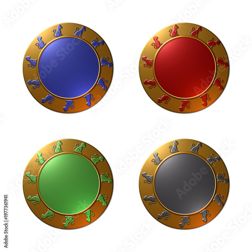 Set of four 3D rendered illustrations of gold medals or tokens in blue, red, green, and grey isolated on white background for use in game UI or web buttons