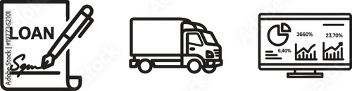 Business icons, loan document, delivery truck, financial graph, black line art