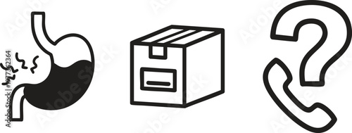 Gastrointestinal, stomach pain, delivery package, customer support icons, line art graphics