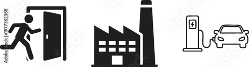 Black icons of person running out door, factory building, electric car charging station, and vehicle
