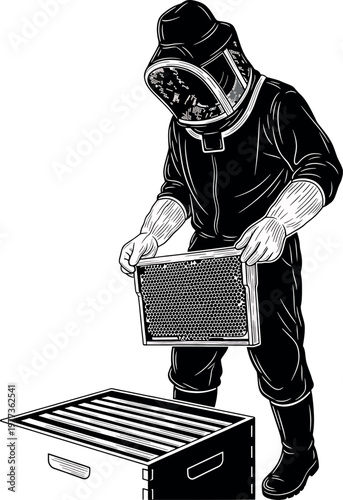 Vintage illustration of a beekeeper with a beehive and protective suit