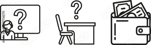 Financial uncertainty icons, business and money problems, question marks, simple line style illustrations