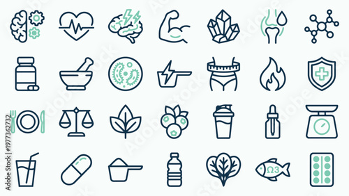 Health and Wellness Line Icon Set for Nutrition and Medical Care