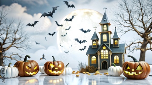 Halloween-themed carved pumpkins with a miniature castle