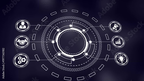 Blank Futuristic Circular Interface with Connected Icons on a Dark Blurred Background technology abstract