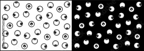 A contrasting black and white split-screen pattern featuring numerous stylized eyeballs with varying gaze directions, creating a surreal and observant repetitive graphic design.