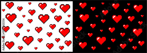 A split-screen graphic showcasing a pixelated red heart pattern on both white and black backgrounds. The digital hearts vary in size, creating a retro gaming or romantic aesthetic.