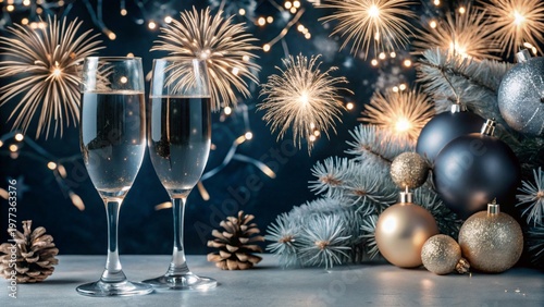 Wine glasses with New Year's decorations and fireworks