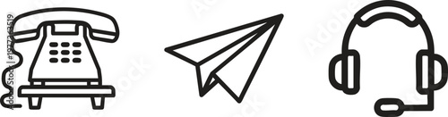 Communication icons, business symbols, phone, paper plane, headset, customer service, support, vector graphics