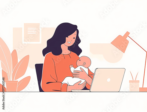 Ilustración plana de una nómada digital: diversidad femenina equilibrando trabajo y bienestar en la naturaleza, teletrabajo, trabajo remoto