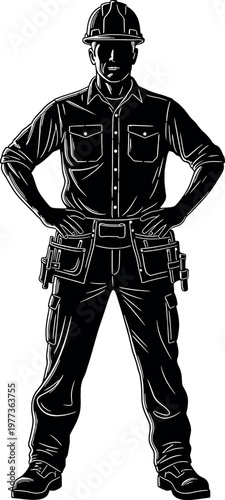 Construction worker silhouette a detailed black and white illustration of a tradesman at work