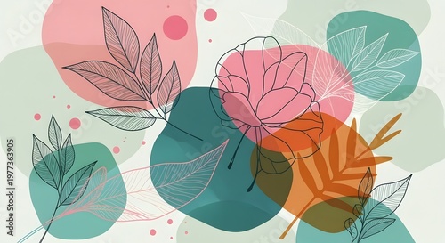 Abstract line art leaves and floral shapes on colorful blobs. Modern collage and creative patterns. Delicate botanical outlines layered over organic pink and teal watercolor splashes.