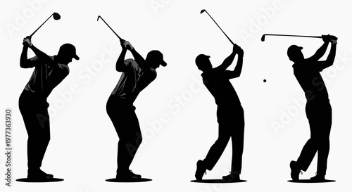Silhouettes of golf players swinging in motion on a light background, sport concept  