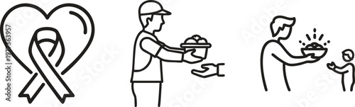 Food donation icons, charity and kindness illustrations, heart ribbon symbol, people sharing food