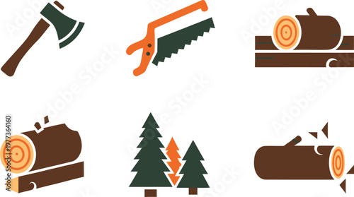 Woodcutting tools and forest elements an illustrated set for lumberjack activities and nature