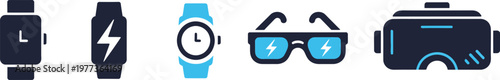 Modern tech icons smartwatches vr headsets and portable power solutions displayed in a row