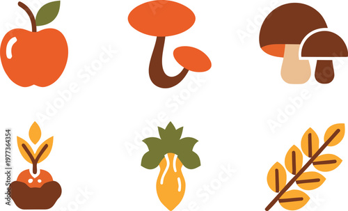 Autumn harvest icons a collection of fruits vegetables and mushrooms in flat design