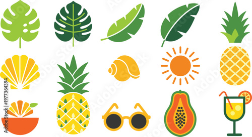 Tropical fruits and leaves collection a vibrant and colorful summer illustration