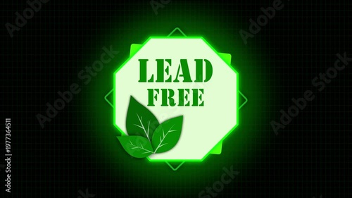 Green lead free label motion graphic. Organic product packaging with looping background visuals. Animated lead free green badge. Environmental branding with clean energy and renewable resources.