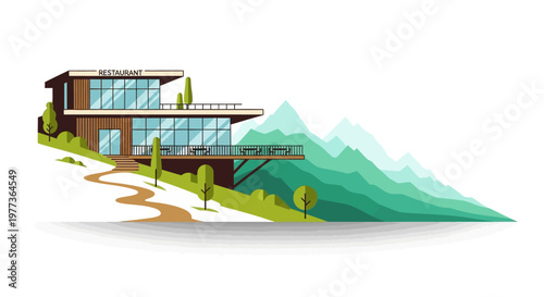 Modern Restaurant Building with Glass Walls and Balcony Overlooking Mountains