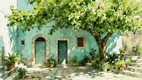 Inner Garden Green Courtyard isolated watercolor vector illustration svg