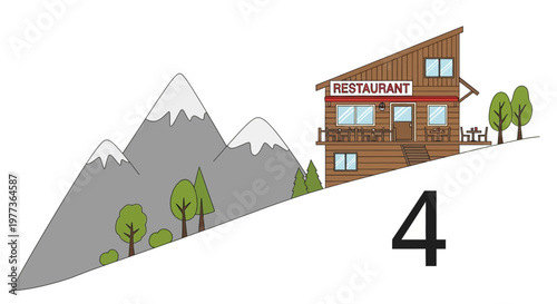 Cartoon Restaurant Building on a Hillside with Trees and Snow-Capped Mountains
