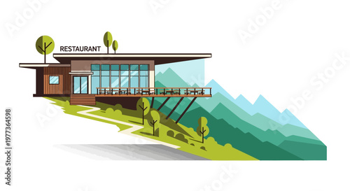 Modern Restaurant Building with Large Windows and Mountain View, Vector Illustration