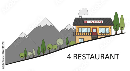 Cartoon Restaurant Building with Mountain View, Smoke, and Trees