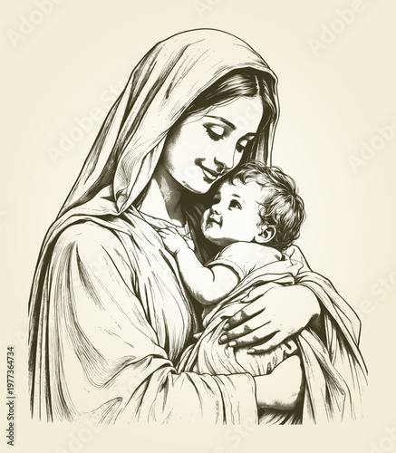 vector illustration of virgin marie and baby jesus (artwork 3)