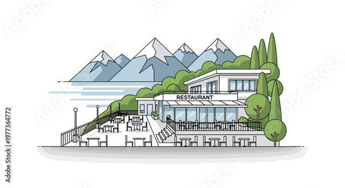 Modern Restaurant Illustration with Outdoor Seating, Mountains, and Trees