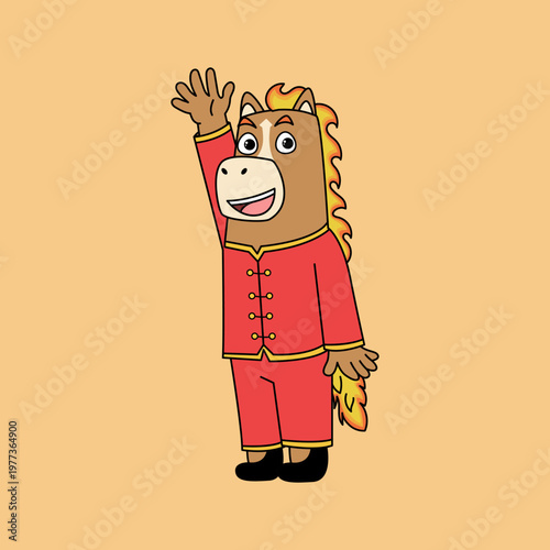 A Fire Horse zodiac character dressed in a vibrant red traditional Chinese outfit, captured in a dynamic pose with rich cultural elements, symbolizing luck, energy, and festive celebration.