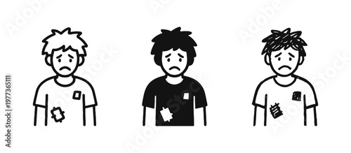 Homeless man icon set in outline, solid, and hand-drawn styles