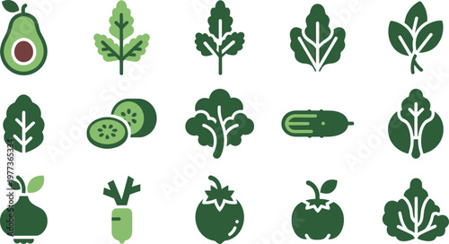 Variety of green produce an illustrated collection of healthy leafy vegetables and fruits