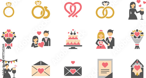 Wedding icons set rings hearts cake bouquet and couple illustrations for celebratory designs