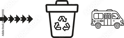Recycling, eco friendly, icons, set of 3, line style, black and white, vector graphics, environmental symbols, recyclable materials, waste management, transportation