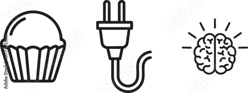 Creative ideas, inspiration, brain, plug, cupcake, thinking, innovation, concept, icons