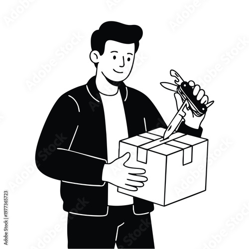 Man Opening Package With Multi Tool Knife.