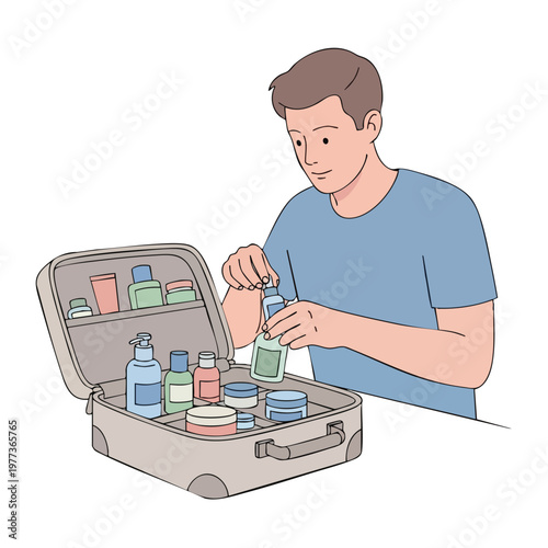 Man Packing Travel Toiletries into Suitcase for Trip.