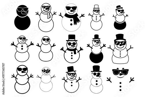 Snowman Wearing Sunglasses Solid Icon Set, Funny Winter Character, Simple Shape Vector Pack